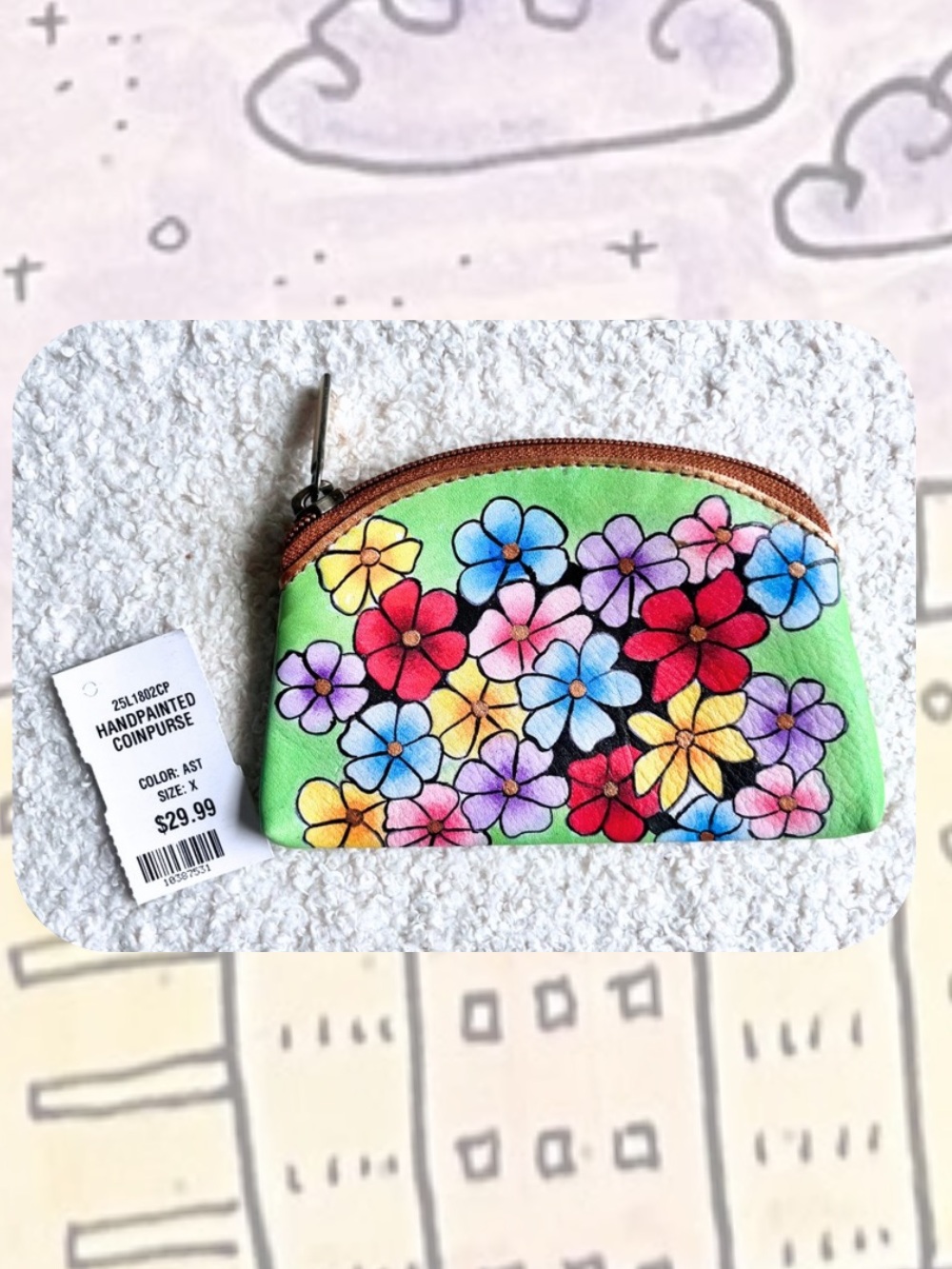 NWT🎉Handpainted Multicolor Green Floral Faux Leather Coin Purse